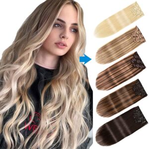 Hair-Extensions-Clip-in-Human-Hair-Ombre- - Beautygab Clip-in human hair extension wefts in five shades beside a model with long wavy blonde hair
