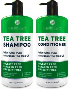 Bellisso-Tea-Tree-Oil-Shampoo-and-Conditioner-Set - Beautygab Two green Bellisso bottles, tea tree shampoo and conditioner