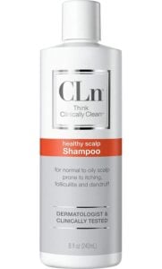 CLn-Shampoo-for-Scalp-Prone-to-Folliculitis- - Beautygab White CLn shampoo bottle with an orange healthy scalp label