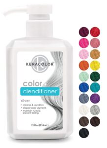 Keracolor-Clenditioner-Color-Depositing-Conditioner-1 - Beautygab White pump bottle of Keracolor Color Clenditioner in silver, beside a grid of the shade options