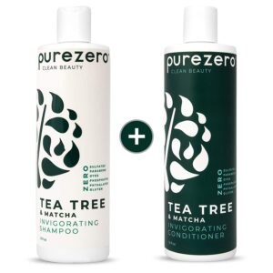 Purezero-Tea-Tree-and-Matcha-Shampoo-and-Conditioner - Beautygab White and dark green Purezero tea tree and matcha shampoo and conditioner bottles