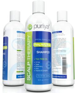 Puriya-Planted-Based-Tea-Tree-Shampoo - Beautygab Three bottles of Puriya scalp therapy tea tree shampoo, blue label in front