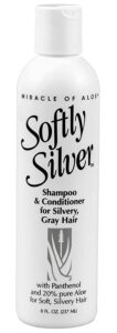 Softly-Silver-Gray-Hair-ShampooConditioner- - Beautygab White bottle of Miracle of Aloe Softly Silver shampoo and conditioner for grey hair