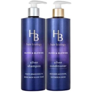 9 - Beautygab Two navy Hair Biology Silver and Glowing bottles, shampoo and conditioner