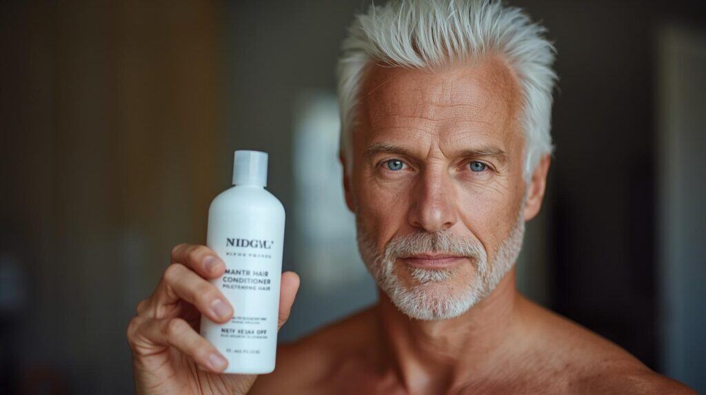 white man with white hair holding a bottle of hair Conditioner - Beautygab Conditioner