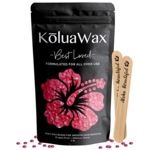 4-2 - Beautygab Black KoluaWax pouch with a pink hibiscus print and two wooden spatulas