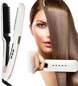 8-33 - Beautygab White steam straightening comb next to a model with long straight brown hair