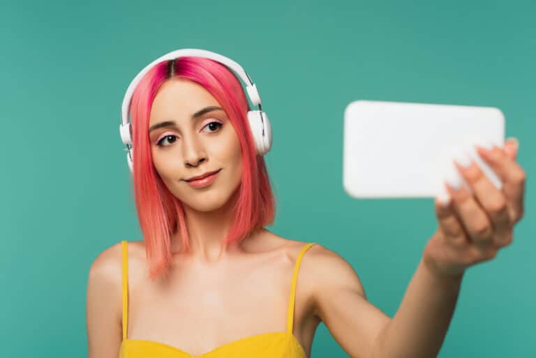Girl With Pink Hair Listening To Music
