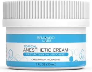 11-8 - Beautygab Bravado Labs fast-acting 5% lidocaine anesthetic cream in a white and blue one-ounce jar