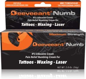5-27 - Beautygab Deeveeant Numb 4% lidocaine cream in its black and orange box for tattoos and waxing