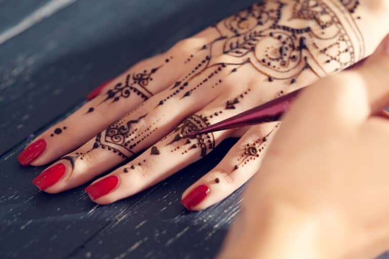 Process of applying mehndi (henna) on female hands