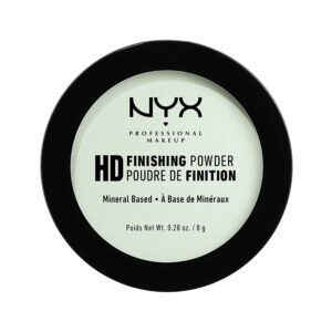3 - Beautygab Black round NYX HD Finishing Powder compact with a pale mint green powder in the centre