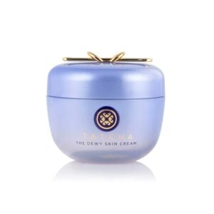5-17 - Beautygab Periwinkle Tatcha The Dewy Skin Cream jar with a gold ornamental clasp on the lid