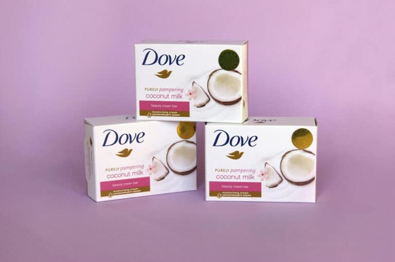 Dove soap with coconut milk. Introduced to the British market in 1955, Dove is a personal care brand.