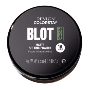 11 - Beautygab Dark round Revlon ColorStay Blot matte setting powder tin, closed, marked sixteen hours
