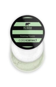 6-4 - Beautygab Kokie color correct finishing powder jar with its striped black lid tilted off, showing pale green loose powder inside