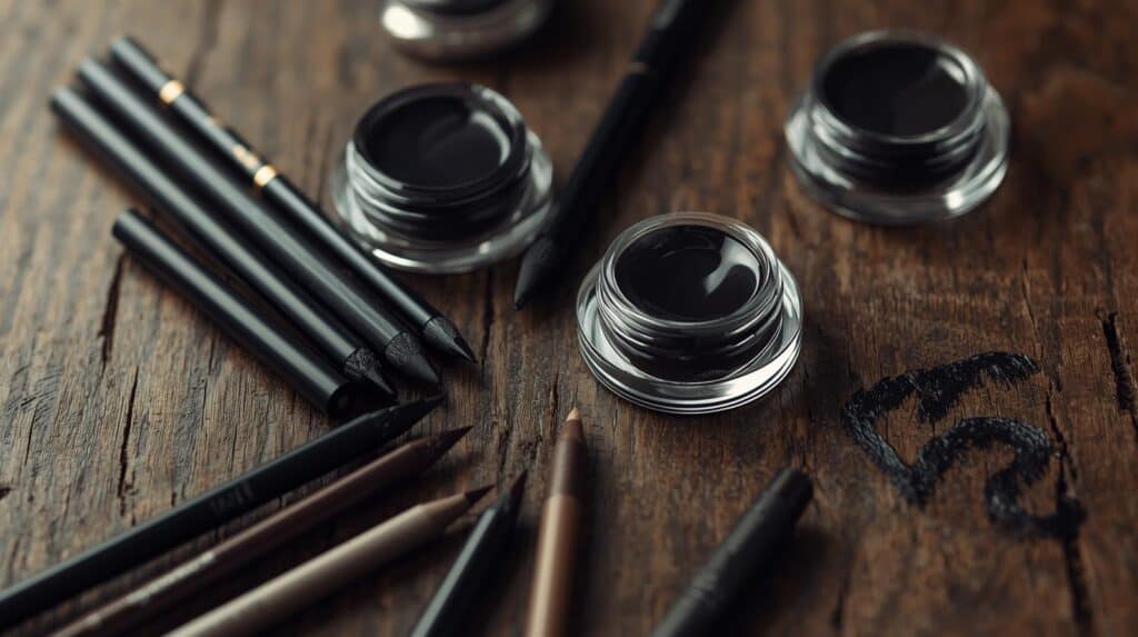 Eyeliner gel and pencile in a wooden table - Beautygab Eyeliner gel and pencile