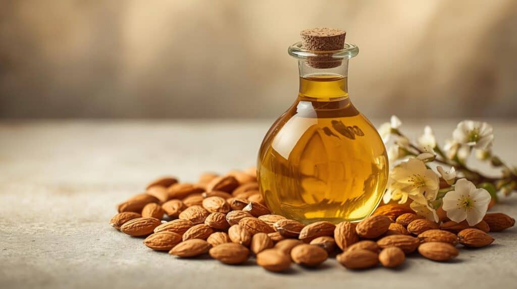 Almond oil bottle with Almonds around it - Beautygab Almond oil