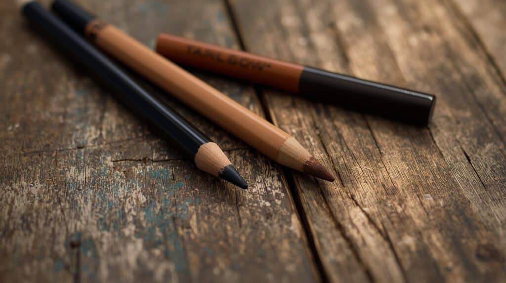 Eyebrow Pencils and an Eyeliner on a wooden table - Beautygab Pencils and an Eyeliner