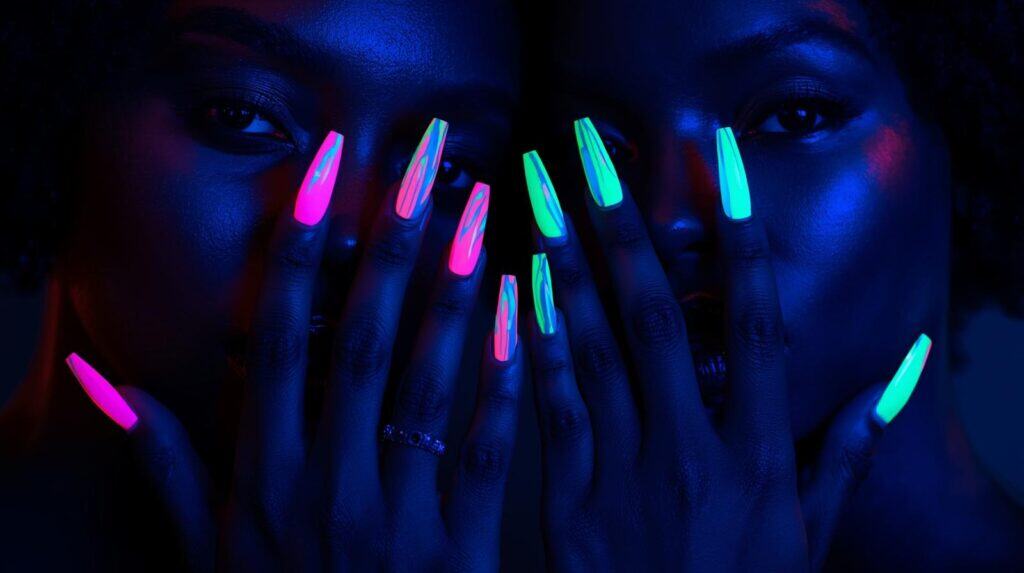 WOMEN WITH Glow-in-the-dark acrylic NAILS - Beautygab glow-in-the-dark acrylic