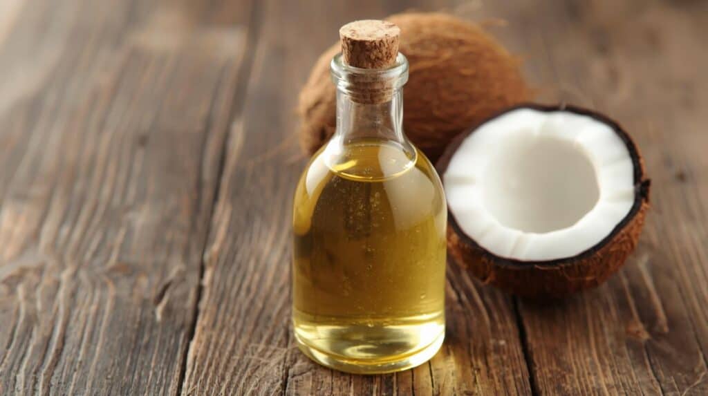 Coconut oil bottle and a half Coconut fruit on a wooden table - Beautygab Coconut oil