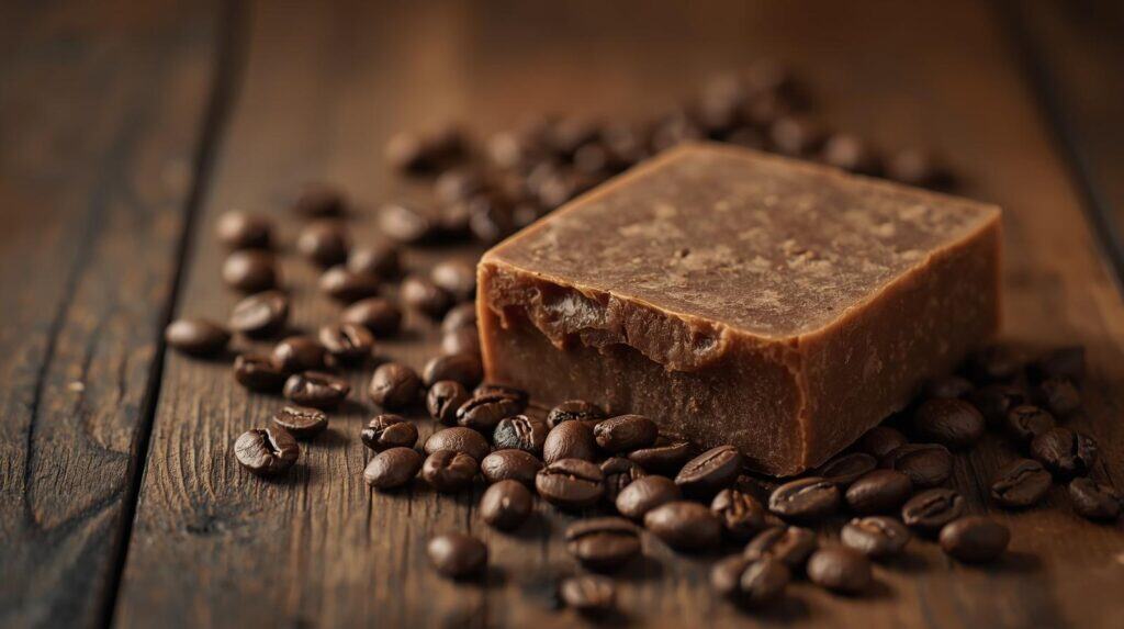 Coffee Soap with coffee beans on a wooden table - Beautygab Coffee Soap