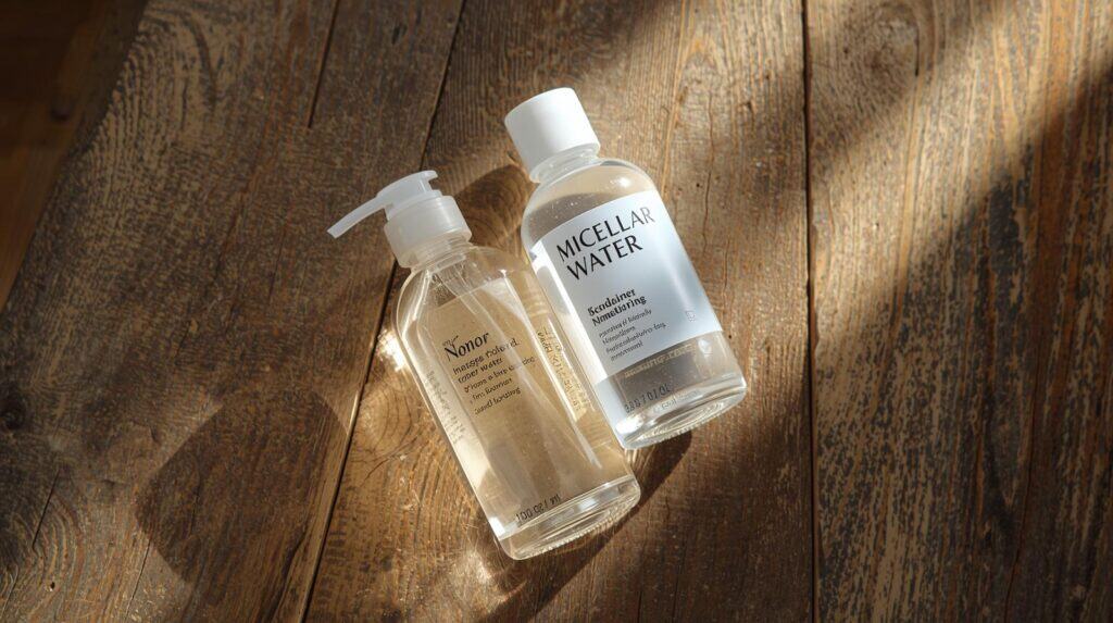 a skin toner and a Micellar Water on a wooden table - Beautygab