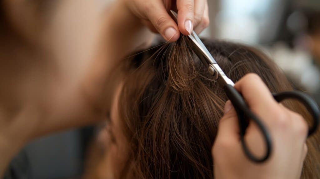 a woman Thinning her hair extantion using hair thinning scissors - Beautygab Repeat