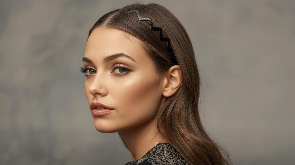Woman wearing a thin black plastic Zig Zag Hair Band - Beautygab Zig Zag Hair Band